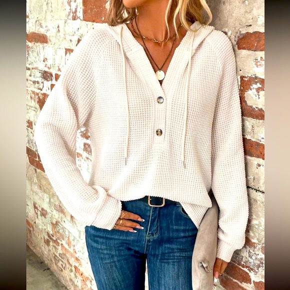 Raglan Sleeve Half Button Drawstring Hoodie Top - Picture 6 of 7